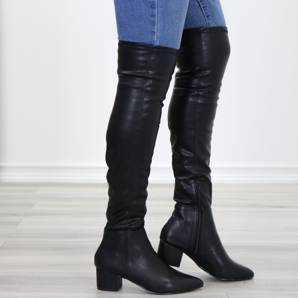 Pointy Toe Over The Knee Black Boots Faux Leather - Picture 7 of 15